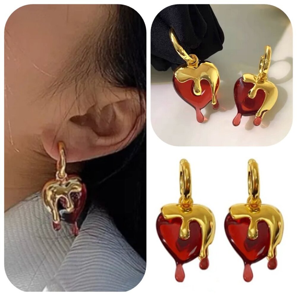 NWT exaggerated red heart water droplet earrings